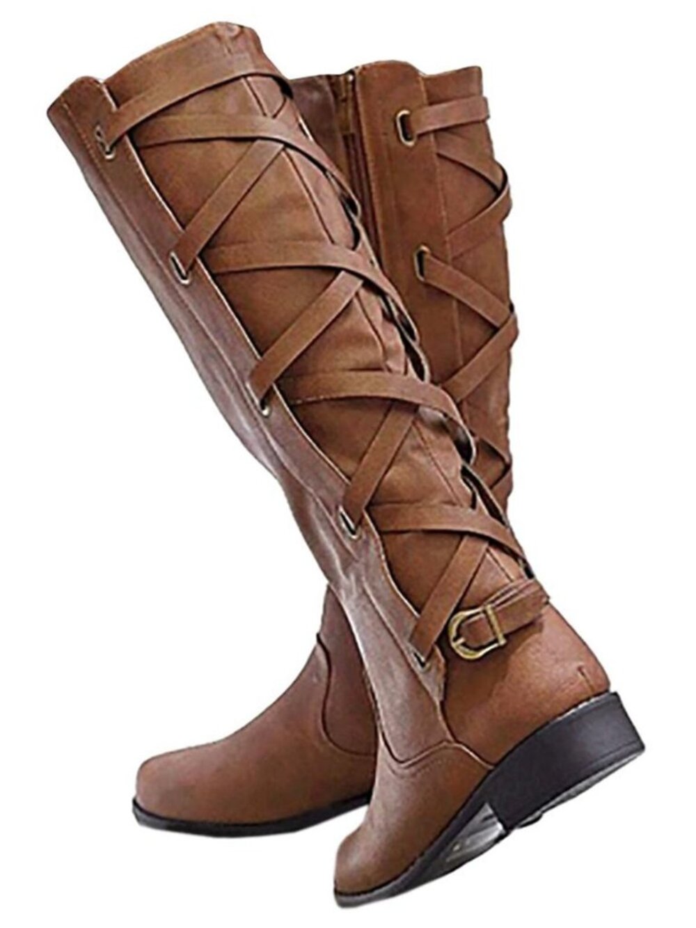 Womens Strappy Motorcycle Knee High Boots Winter Lace Up Riding Flat Low Heel